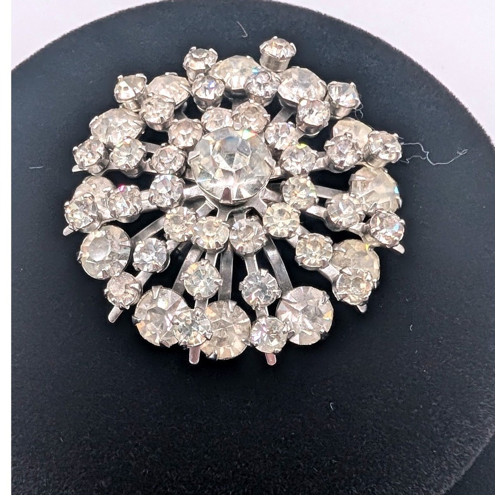 Vintage Silver Tone Clear Rhinestone Sunburst Floral Brooch Pin MidCentury Style